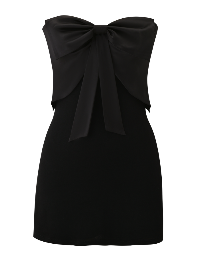 The TIGERMIST GROVE MINI DRESS - BLACK is a strapless mini dress with a bold satin bow across the chest and long ribbon tails, offering an elevated twist on the classic little black dress.