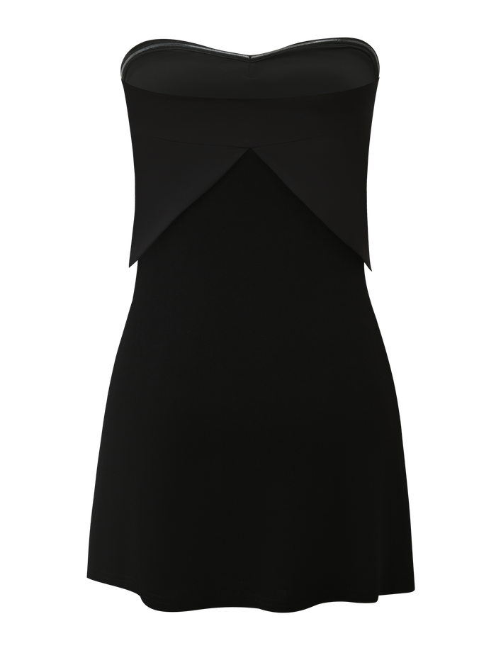 The GROVE MINI DRESS - BLACK by TIGERMIST is a strapless mini with a pointed folded bodice, fitted silhouette, smooth texture, and a flared hem—the ideal little black dress.