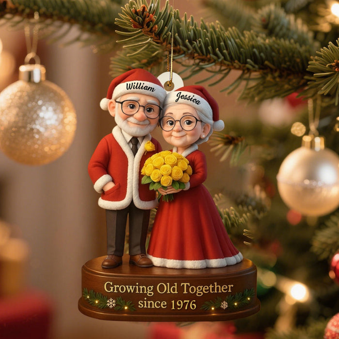 Growing Old Together, Elderly Couple With Yellow Roses, Personalized Acrylic Ornament, Gift For Grandparents