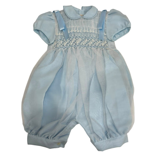 Hansen Light Blue Boy Handsmocked Romper with rounded collar and intricate handsmocking