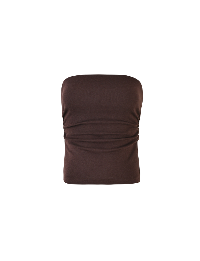 The HARRIETT RIB TOP - BROWN: CHOCOLATE by TIGERMIST is a strapless, fitted tube top in ribbed jersey, shown on a plain white background.