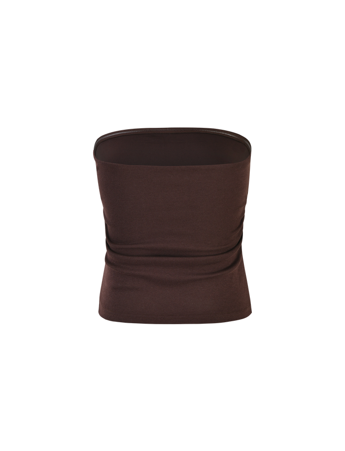The TIGERMIST HARRIETT RIB TOP in Chocolate is a strapless, fitted brown top with a bodycon silhouette, shown on a white background.