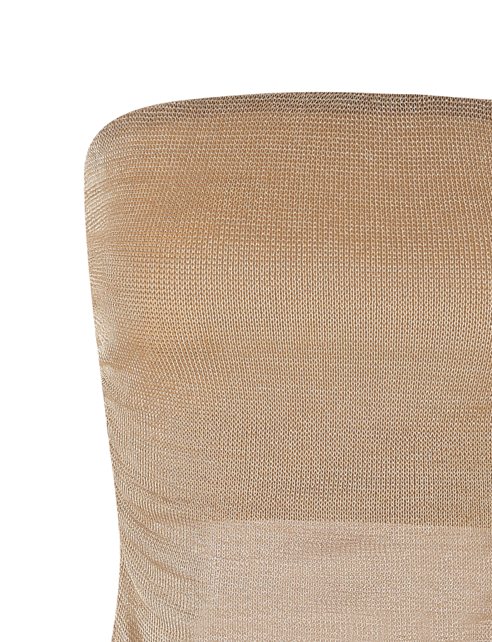 Close-up of the TIGERMIST HARRIETT TUBE TOP - GOLD: a fitted, gold metallic mesh fabric with slight texture, highlighting its shimmer against a white background.