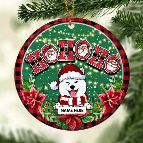 Ho Ho Ho Red Plaid Around Green Circle Ceramic Ornament - Personalized Dog Lovers Decorative Christmas Ornament
