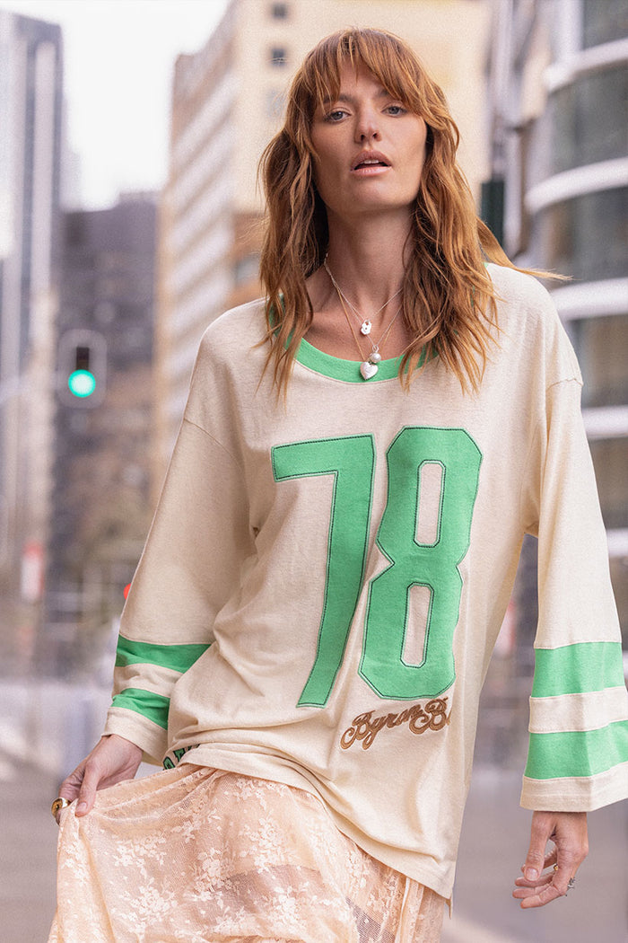 Spell women's Homecoming Long Sleeve Biker Tee Green Fields cream hemp organic cotton oversized top