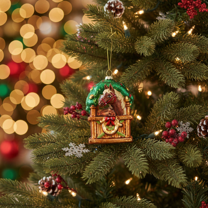 horse in stable glass ornament