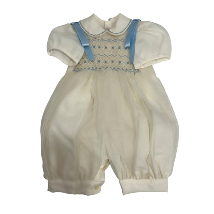 Ian Ivory Boy Handsmocked Romper with light blue detailing and rounded collar