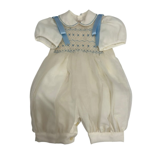 Ian Ivory Boy Handsmocked Romper with light blue detailing and rounded collar