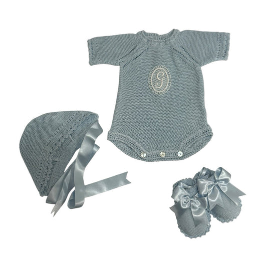 Initial Knitted Light Blue 3-piece Knitted Romper