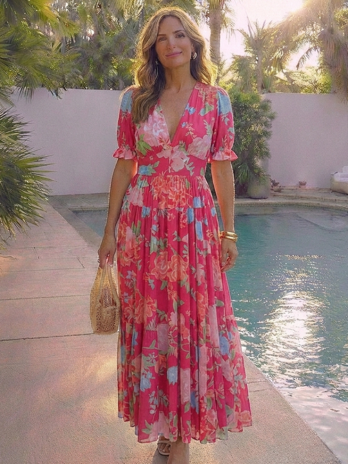 Ione | Short Sleeve V Neck Floral Midi Dress