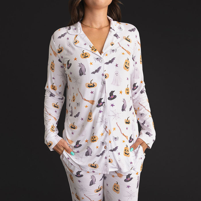 Close-up of a woman wearing the Posh Peanut Irving Women's Luxe Pajama Pant Set.