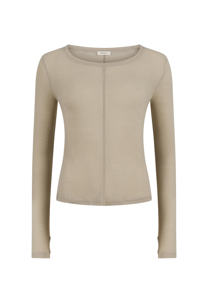 Stone lyocell-hemp long sleeve tee, flat lay front view, centre panel seam and thumbhole detail visible