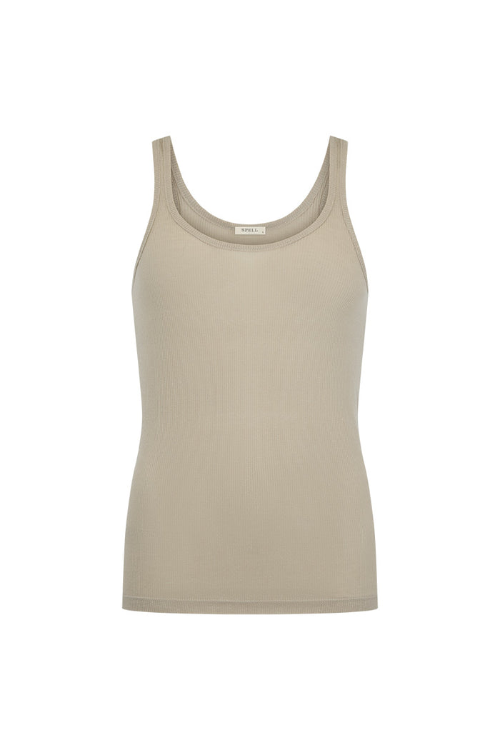 Isabella 2.0 Singlet front flat lay in stone, TENCEL-hemp rib knit with scoop neck and bound armholes