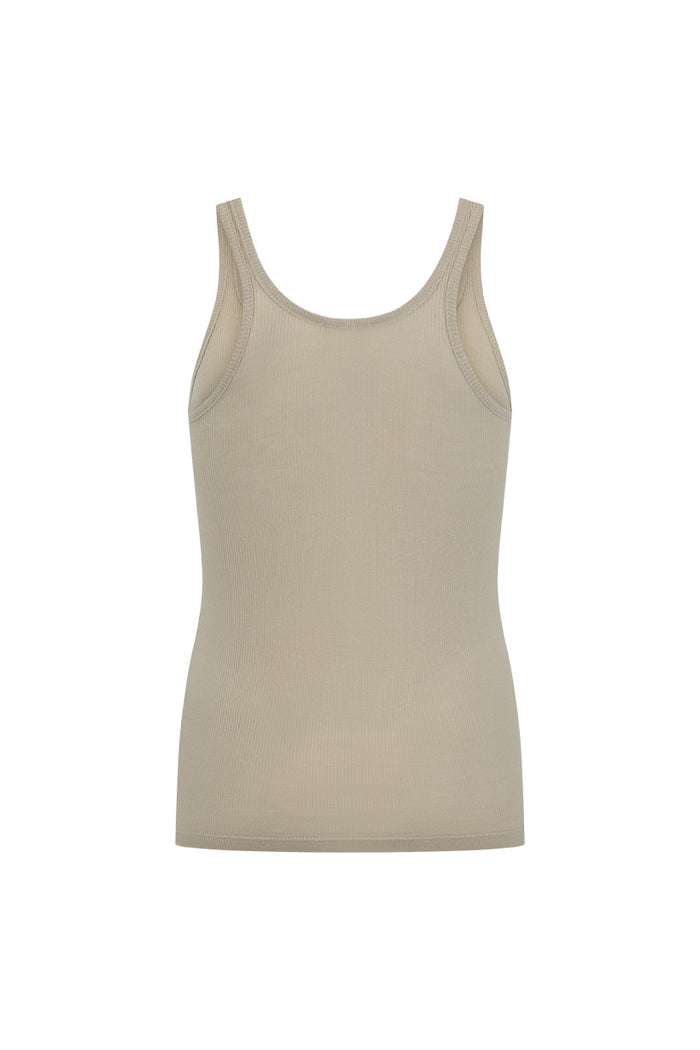 Isabella 2.0 Singlet back flat lay in stone, TENCEL hemp rib with bound armhole and neck edges