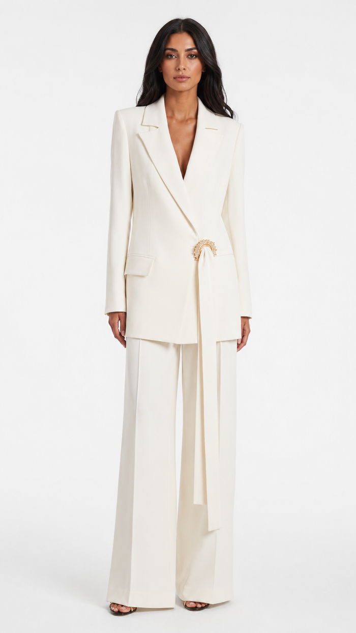 Ivory Draped Buckle Blazer & Wide-Leg Pants Suit Set – ARIA
