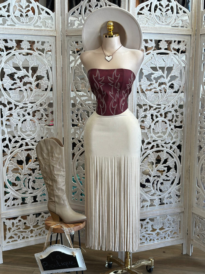 Ivory Long Fringe Skirt-Estira, Stretchy