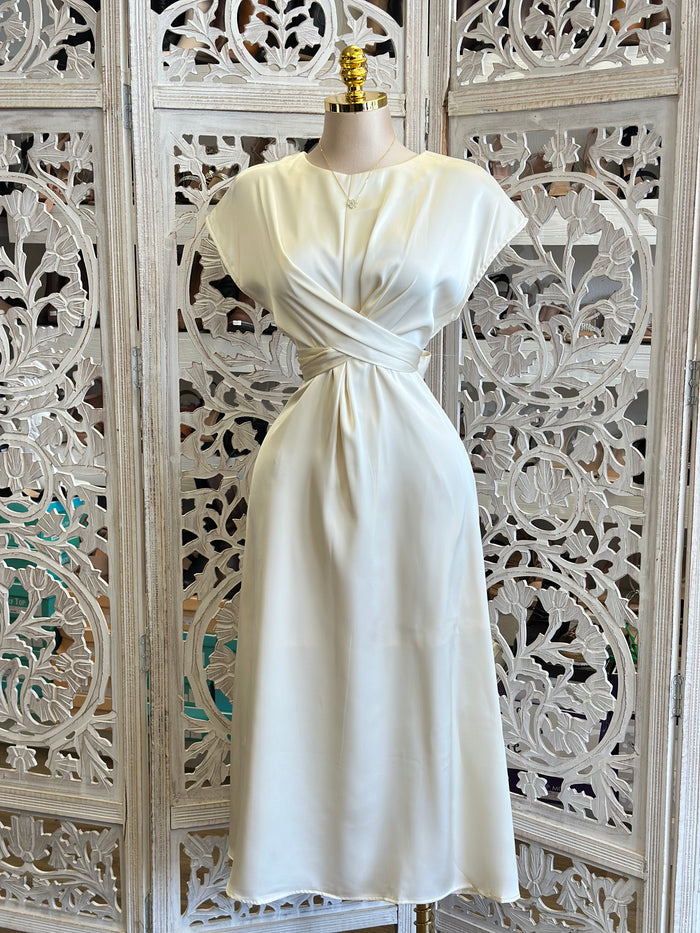 Ivory Satin Wrapped Midi Dress- Not Stretchy, No Estira