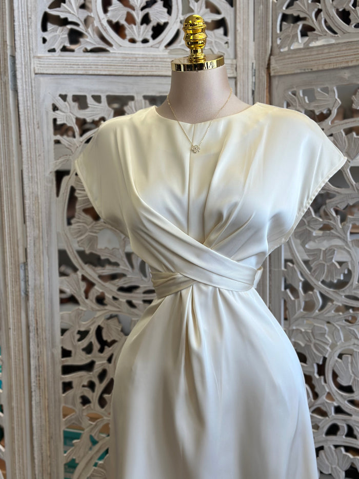 Ivory Satin Wrapped Midi Dress- Not Stretchy, No Estira