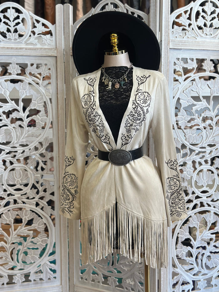 Ivory Suede Embroidered Fringe Cardigan - Stretchy, Estira