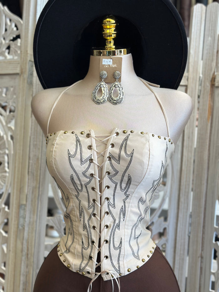 Ivory Tie Up Embroidered Western Corset- Estira, Stretchy