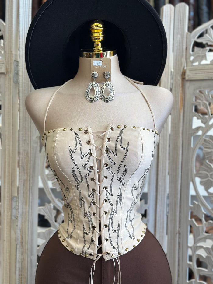 Ivory Tie Up Embroidered Western Corset- Estira, Stretchy