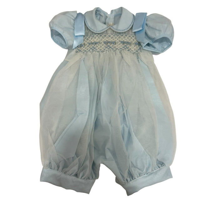 Joaquin Light Blue Boy Handsmocked Romper with rounded collar and intricate handsmocking