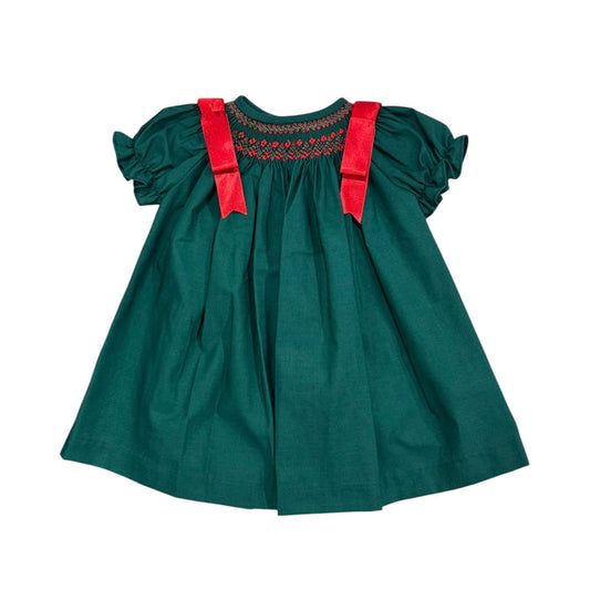 Joy Green and Red Handsmocked Bishop Girl Dress