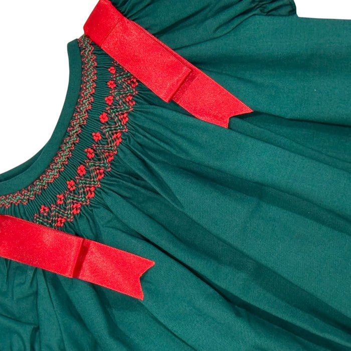 Joy Green and Red Handsmocked Bishop Girl Dress
