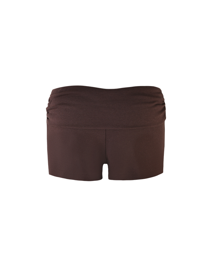 The TIGERMIST KARINA RIB SHORT - BROWN : CHOCOLATE features a bodycon silhouette, displayed from the back against a white background.
