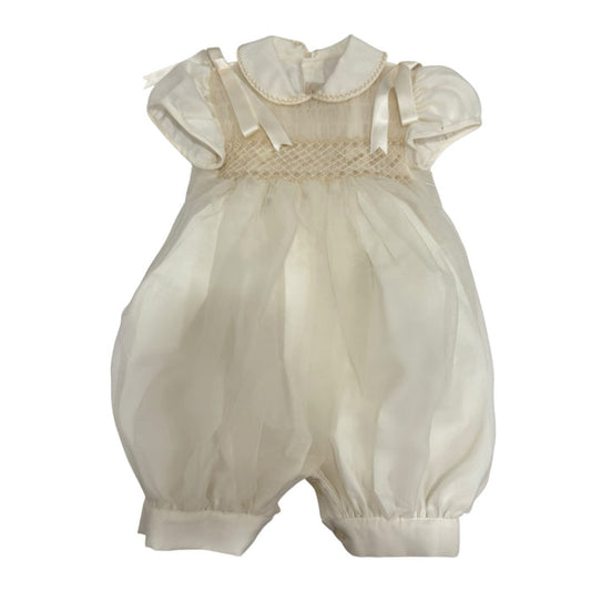 Kenneth Ivory Boy Handsmocked Romper with rounded collar and delicate handsmocking