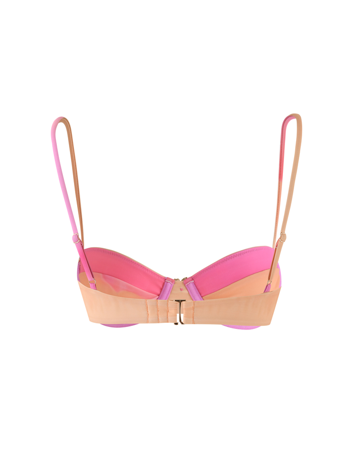 The KHESSA BIKINI TOP - PINK HIBISCUS by TIGERMIST features a back view with adjustable shoulder straps, a central back clasp, and a beige band that highlights the gradient pink and orange cups against a white background.