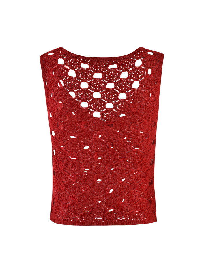 The Kincade Top from TigerMist in Cherry Red is a stylish, lightweight crochet sleeveless top featuring an intricate open weave pattern. The garment showcases a scoop neckline with delicate and detailed crochet work throughout, resulting in a semi-sheer finish.
