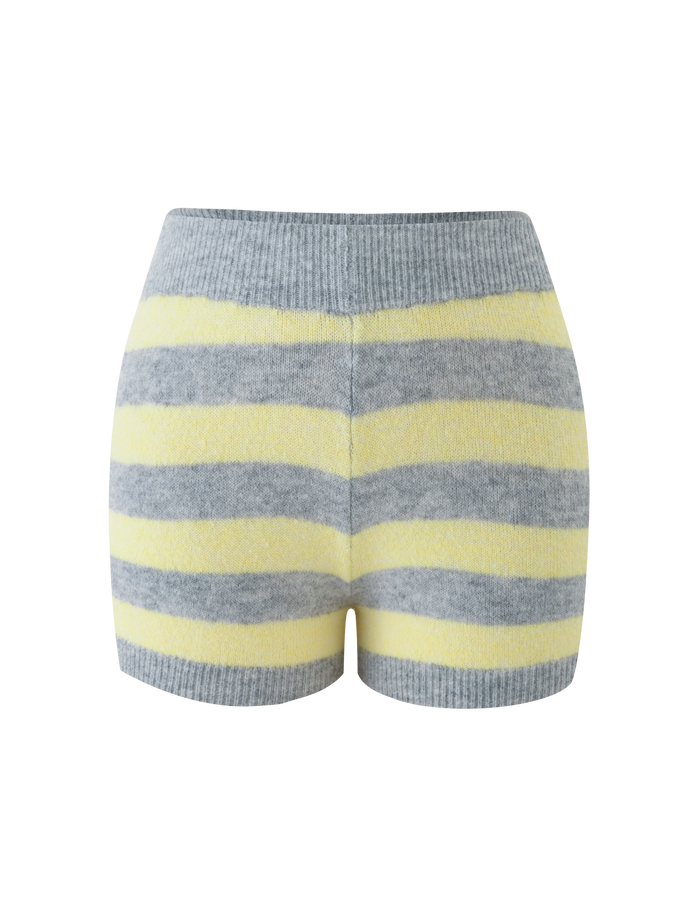 TIGERMIST KOA SHORT - YELLOW AND GREY STRIPE: Knit mid-rise shorts with horizontal grey and yellow stripes, ribbed waistband and hem, shown on a plain white background.