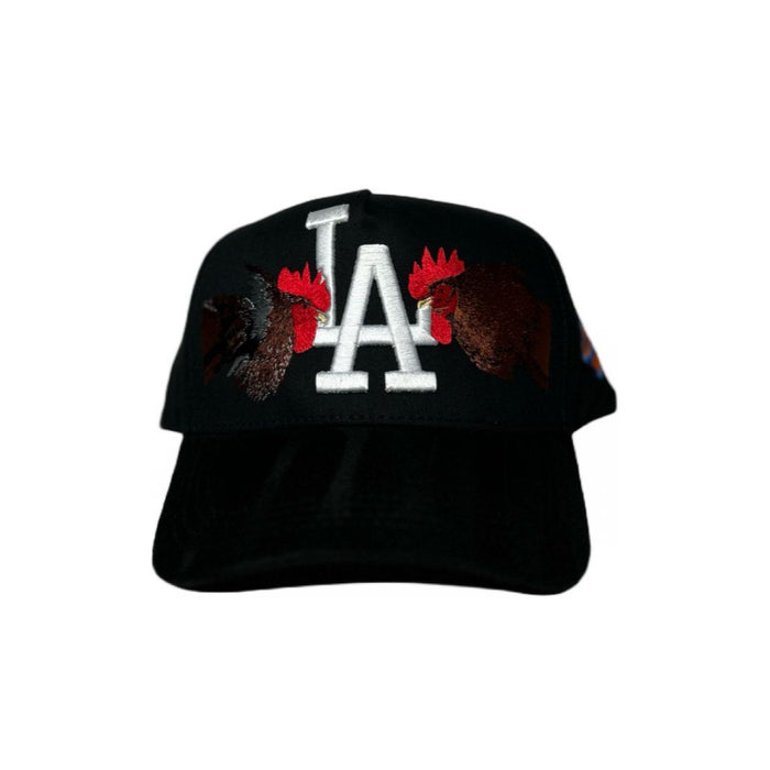 LA Double Rooster Black Embroidered Trucker Hat