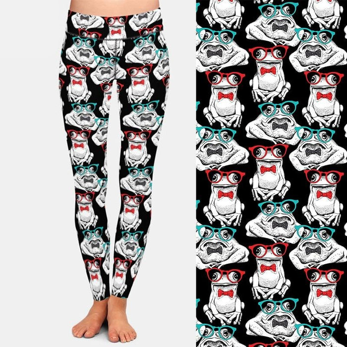 Ladies 3D Frogs In Glasses & Bow Ties Printed Leggings