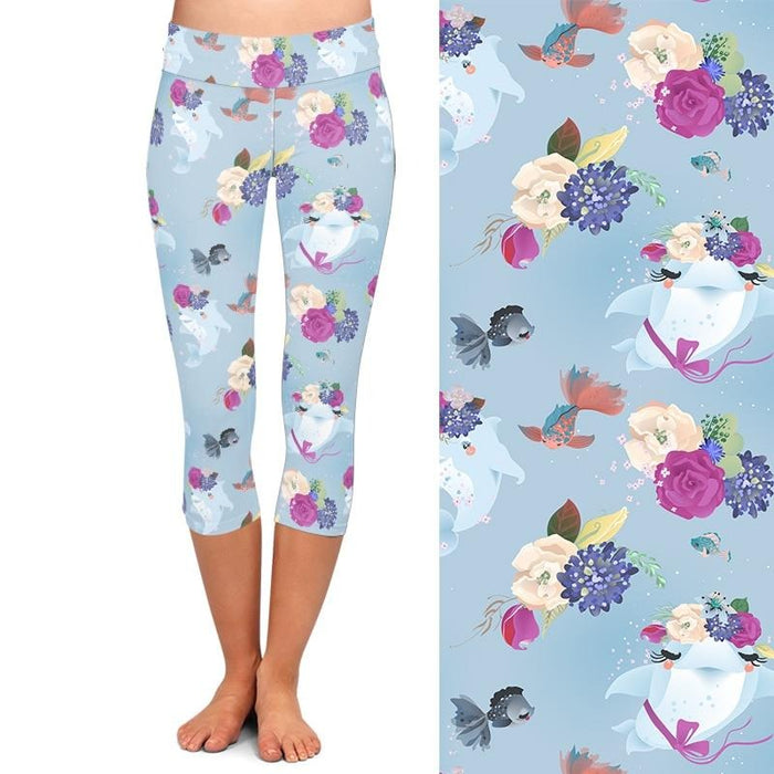 Ladies Cartoon Dolphins & Floral Printed Leggings