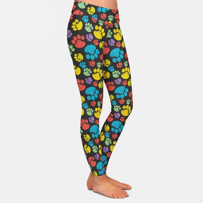 Ladies Milk Silk Soft Brushed Cartoon Coloured Dog Paw Prints Leggings
