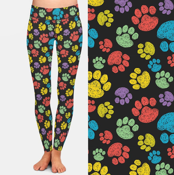 Ladies Milk Silk Soft Brushed Cartoon Coloured Dog Paw Prints Leggings