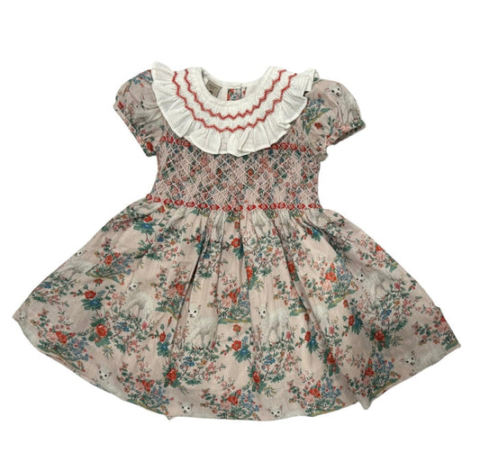 Lamb Red Floral Handsmocked Girl Dress in floral and lamb print with ruffled ivory collar