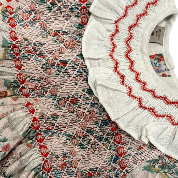 Close-up of handsmocking and red-edged ruffled collar on Lamb Red Floral Dress