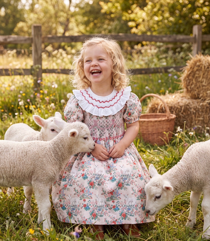 Girl wearing Lamb Red Floral Handsmocked Dress outdoors