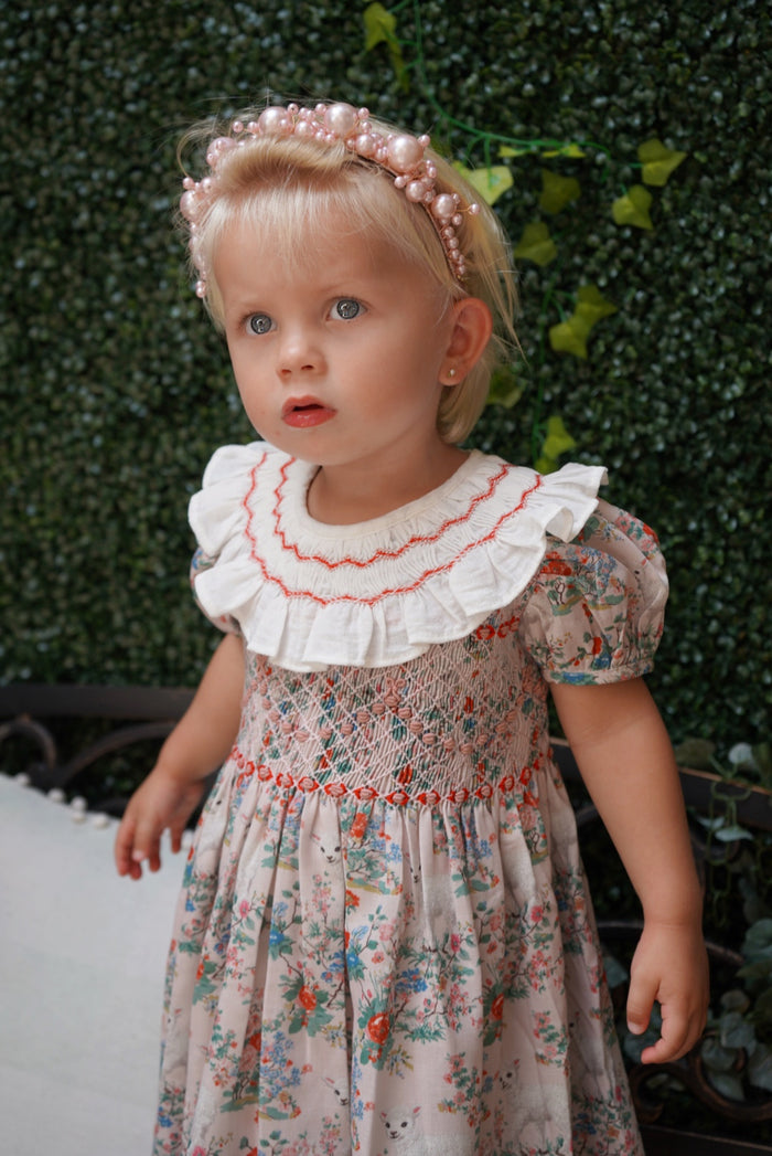 Girl wearing Lamb Red Floral Handsmocked Girl Dress