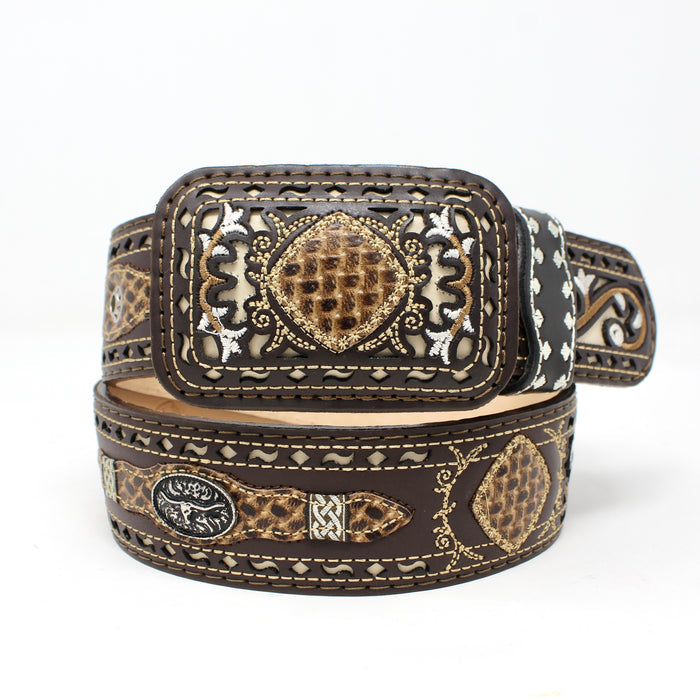 Laser Cut Belt Embroidered Belt w/ Square Buckle - Café