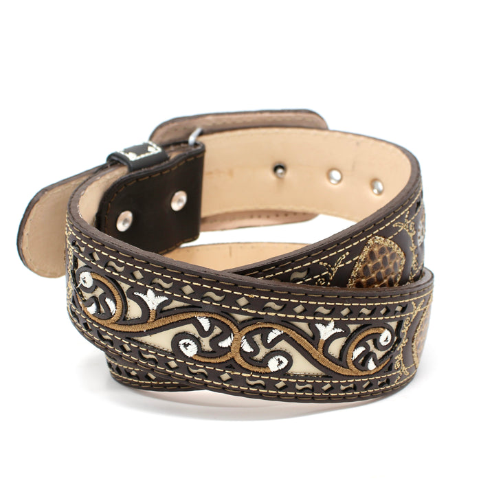 Laser Cut Belt Embroidered Belt w/ Square Buckle - Café