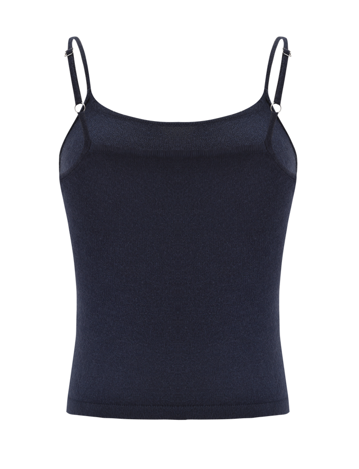 The LEORA TOP - NAVY by TIGERMIST is a fitted navy knit tank with adjustable straps and a seamless design, shown on a plain white background.