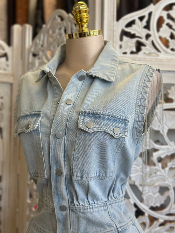 Light Denim Wide Leg Jumpsuit - Not Stretchy,No Estira
