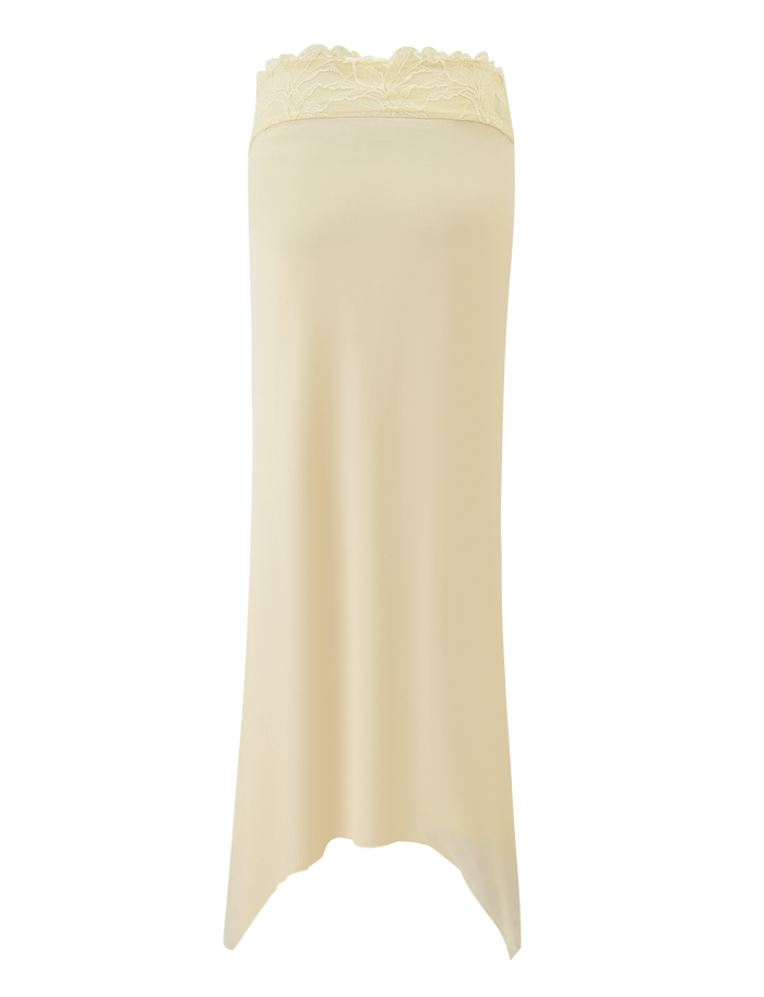 The cream-colored, strapless tube top with scalloped lace trim creates a fresh, summery look when paired with TIGERMIST's LILLIAN SKIRT in yellow.