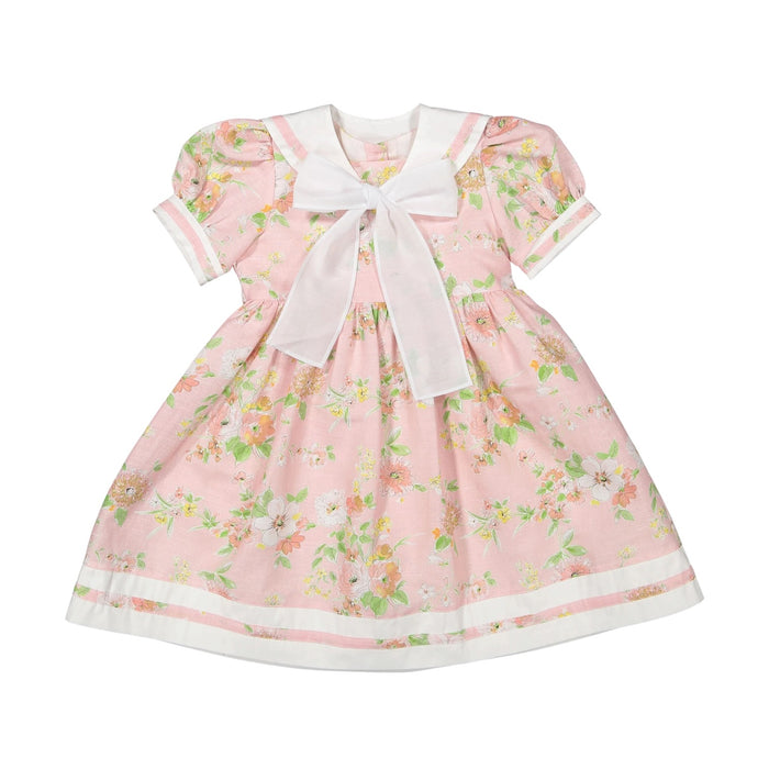 Linen Floral Sailor Dress in pink floral print with white sailor-inspired collar and oversized bow