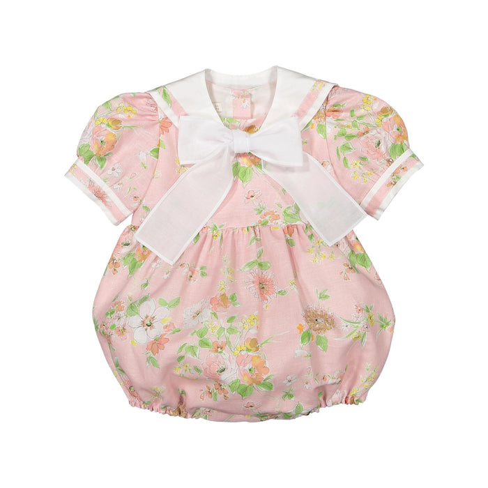 Linen Floral Sailor Romper in pink floral print with white sailor-inspired collar and oversized bow