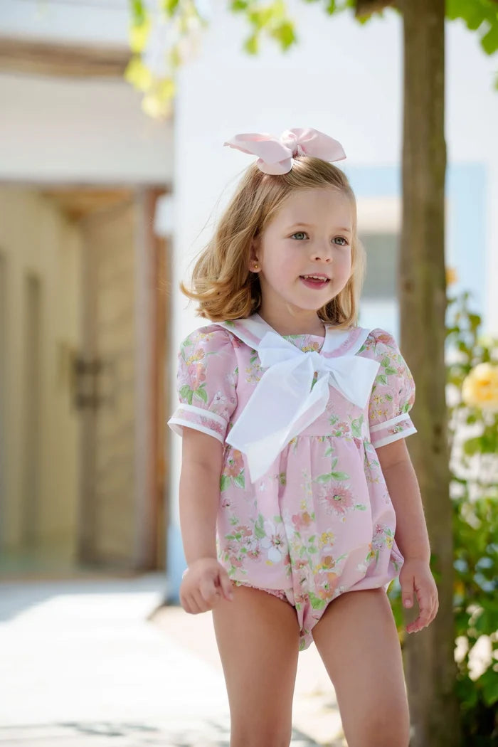 Girl wearing Linen Floral Sailor Romper